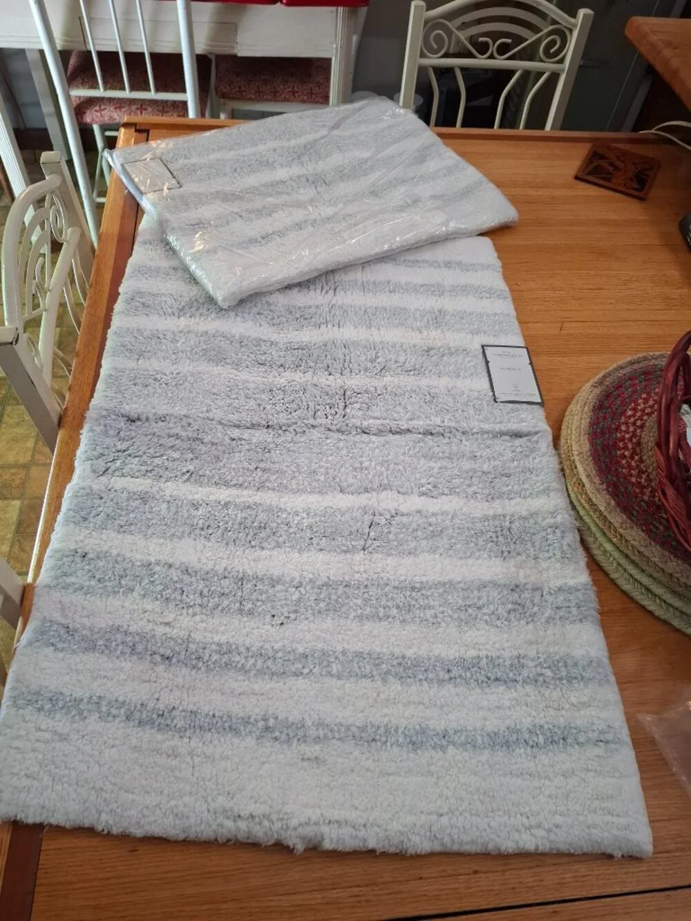 Two 20 x 32 Threshold Gray/Blue & White Stripe Bath Bathroom Rugs NWT
